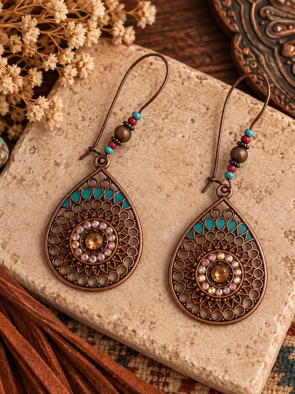 Bohemian Western Teardrop Filigree Earrings with Turquoise Accents New